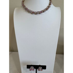 Vintage purple floral pearl bead gold tone necklace & clip earring set